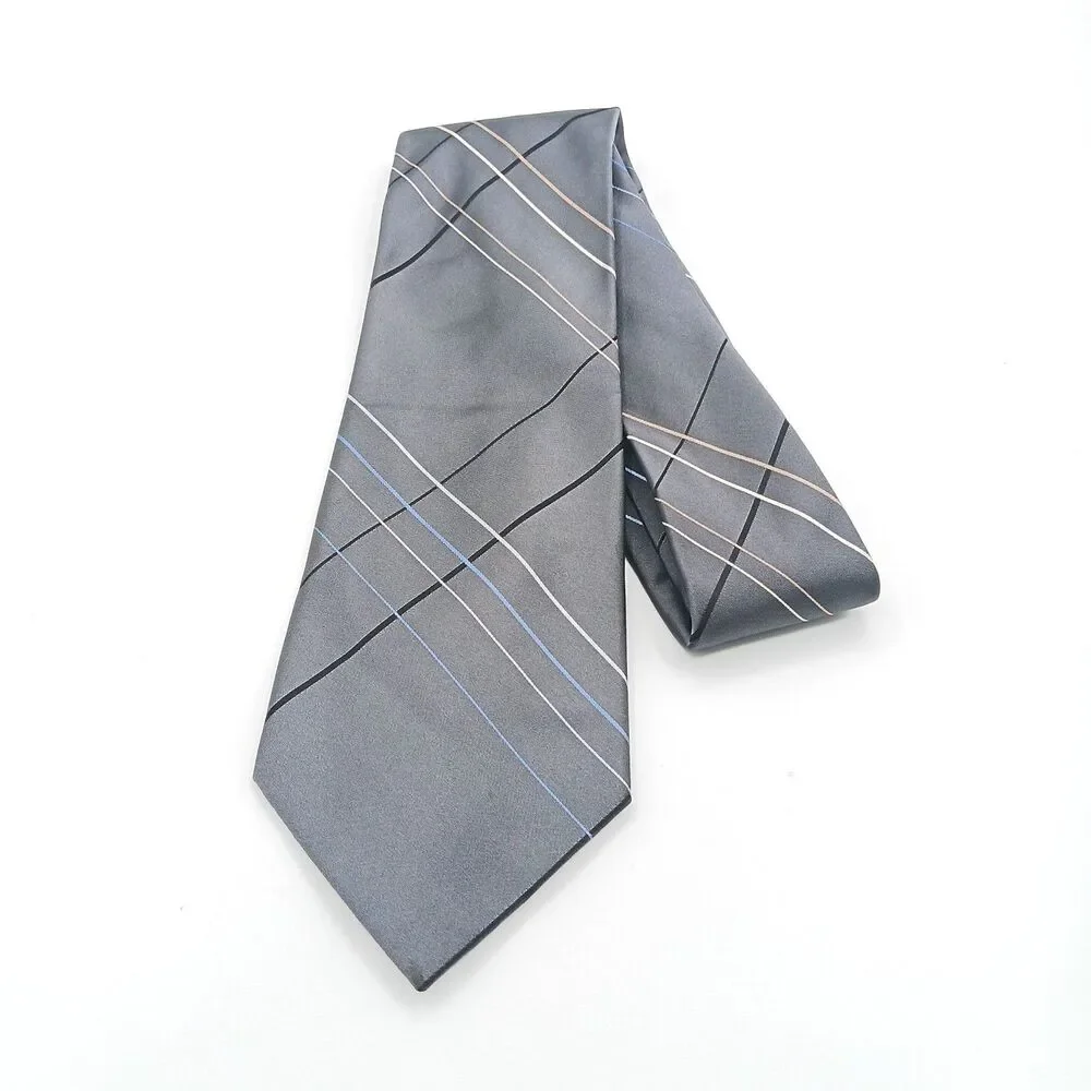 Perry Ellis Portfolio Silk Tie Mens 59.5” Gray Plaid Satin Designer Wide New